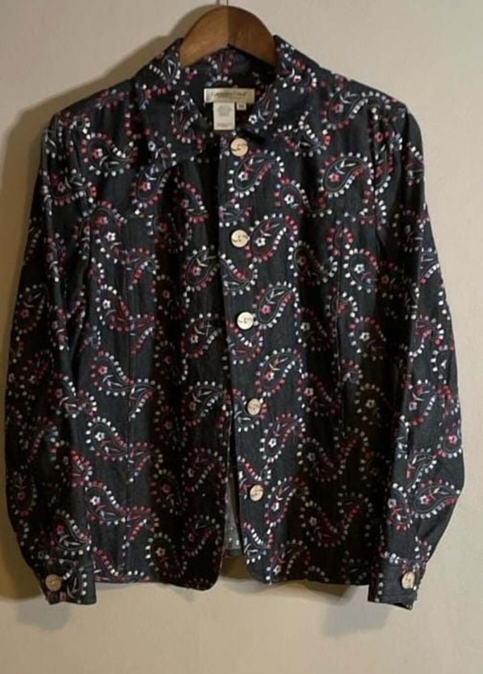 Coldwater Creek Embroidered Paisley Denim Shirt Jacket Size PM
